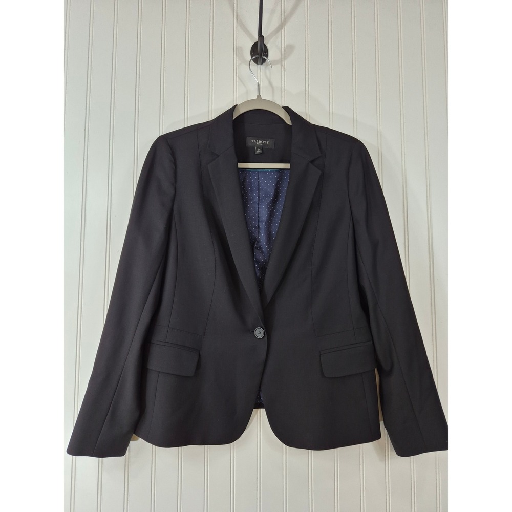 Talbots Womens Black Wool Blend Single Button Blazer Polka Dot Lining 12 Petite
